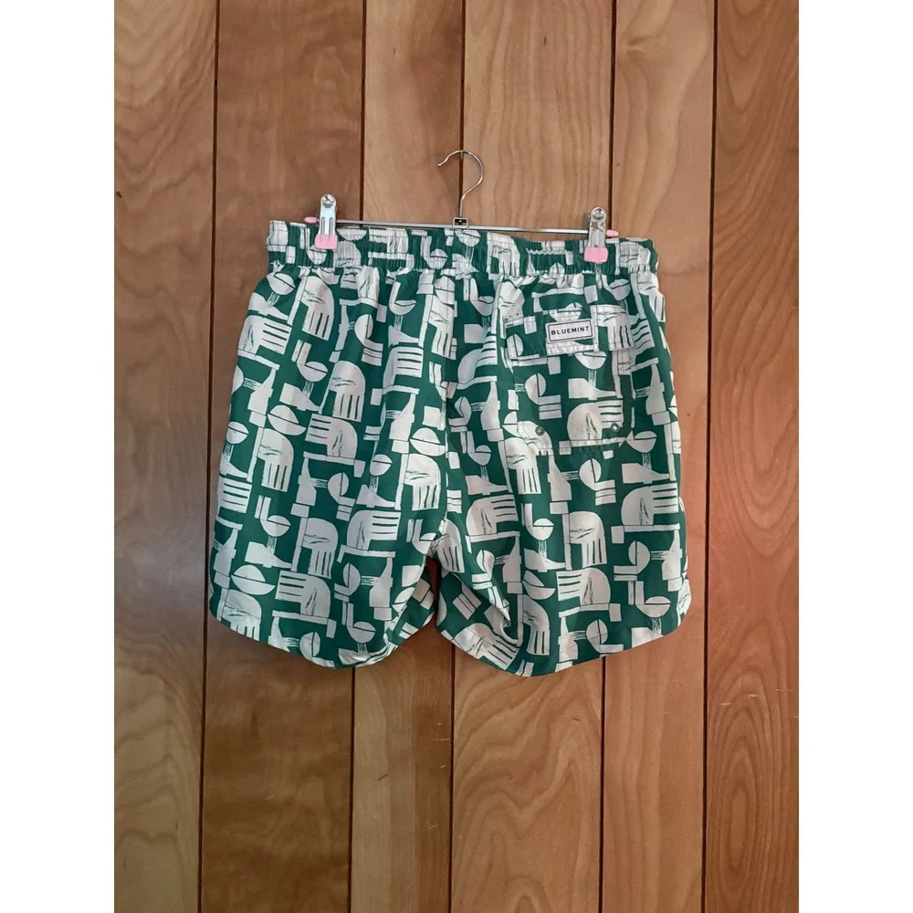 Bluemint Logan Mens Swim Shorts Green White Geometric Abstract Print Size‎ L